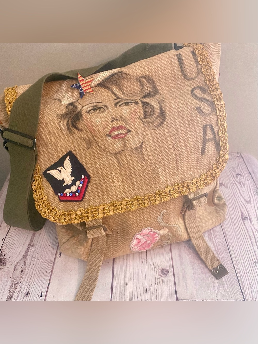 OOAK Hand Painted Pin Up Custom Military Messenger Bag Upcycled Crossbody